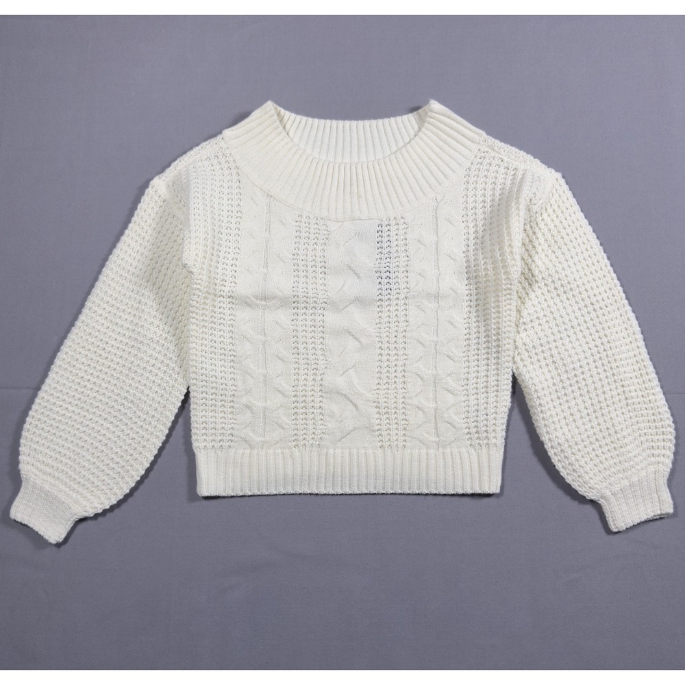 Full Circle Trends Women's S Ivory Cable Knit Sweater Balloon Sleeve Pullover